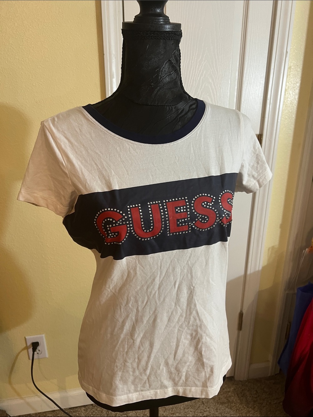 GUESS White Short-Sleeve Tee with Navy Chest Band and Red Logo